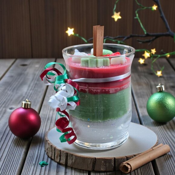 Holiday Candle ✦ Christmas Tree & Apple Cinnamon ✦ Soy Wax/Sand Wax Snow Layers - Picture 3 of 12